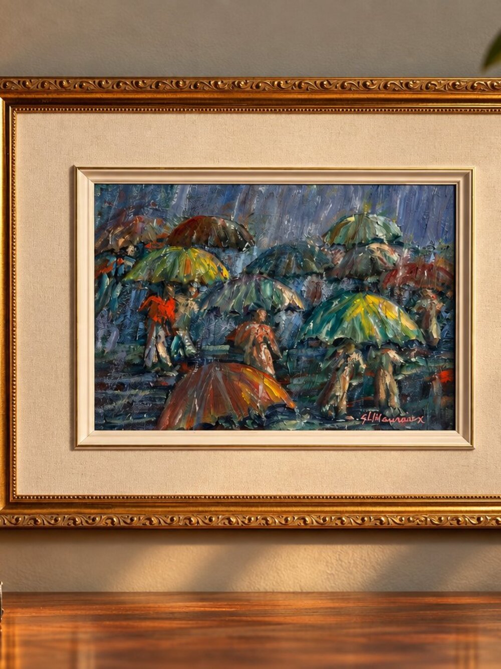Vintage 1998 Signed Original Oil Painting Rainy Street Umbrellas Framed